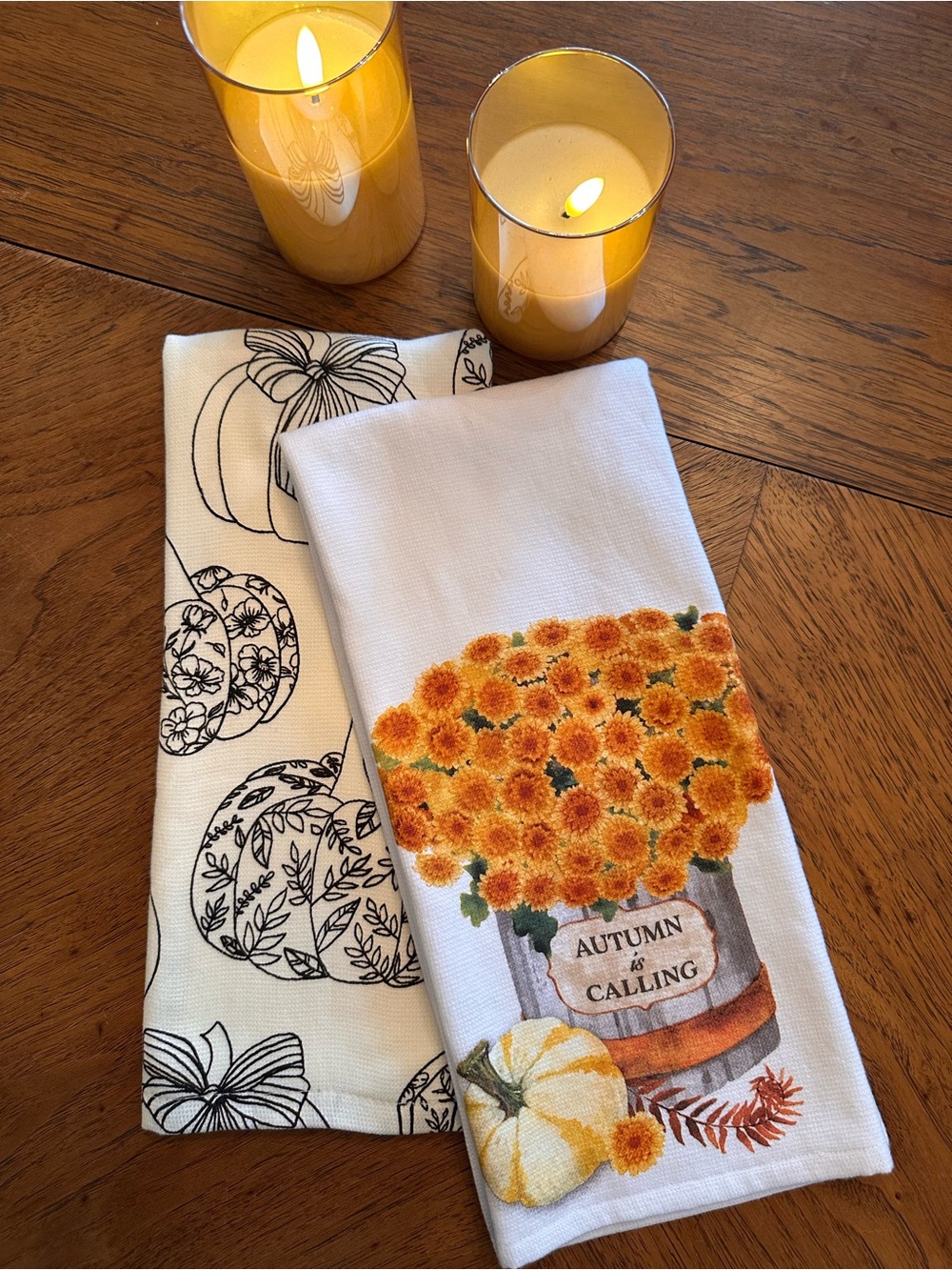 Fall Kitchen Towels Set of 2 Autumn Is Calling Pumpkins Mums Floral